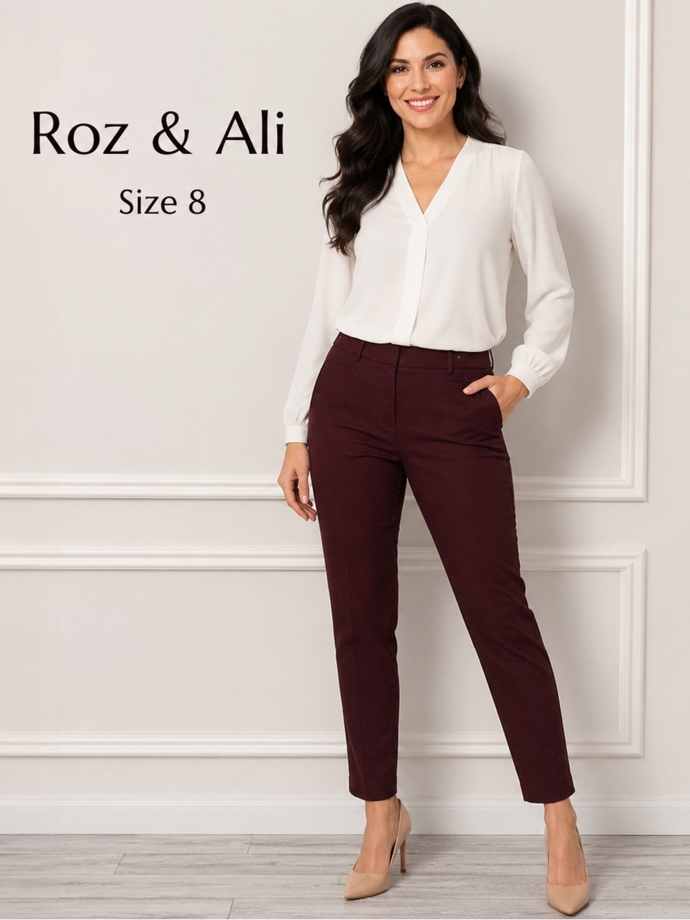 Roz & Ali Burgundy Slim Ankle Dress Pants Size 8 Textured Career Office
